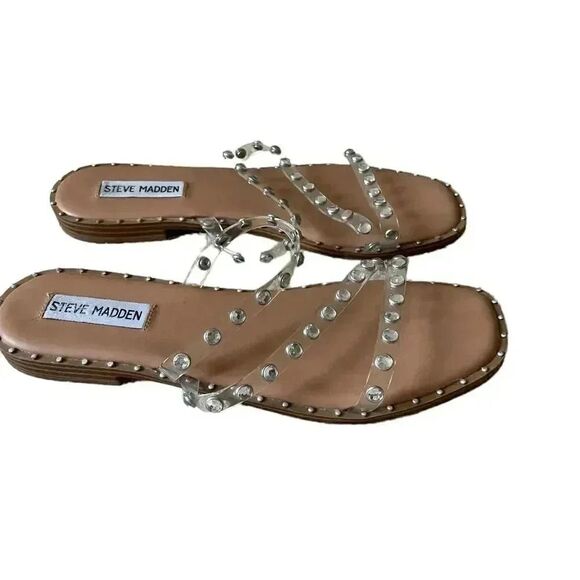 Steve Madden Skyler Clear Pearl Pyramid Studded Slip On Square Toe Sandal SZ 8 - Picture 3 of 7